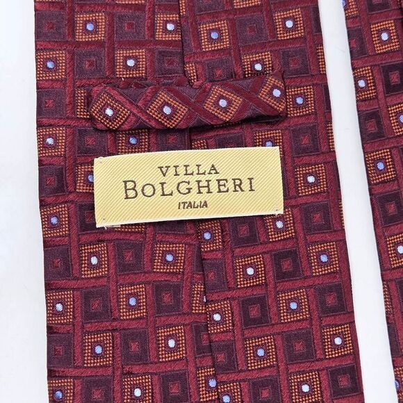 VILLA BOLGHERI SILK TIE RED BROWN GEOMETRIC LUXURY TEXTURED SATIN 4" X 59" - Picture 3 of 3